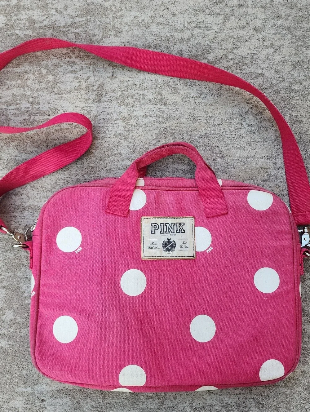 PINK Victoria's Secret Y2K Hot Pink White Polka Dot Canvas Laptop Bag Crossbody